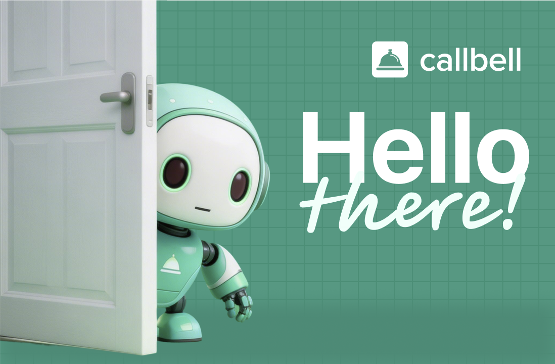 Callbell - Agentes ia whatsapp - IP | Hablemos de Marketing Green robot peeks from behind an open door beside a green grid background reading 'Hello there!' with the Callbell logo.