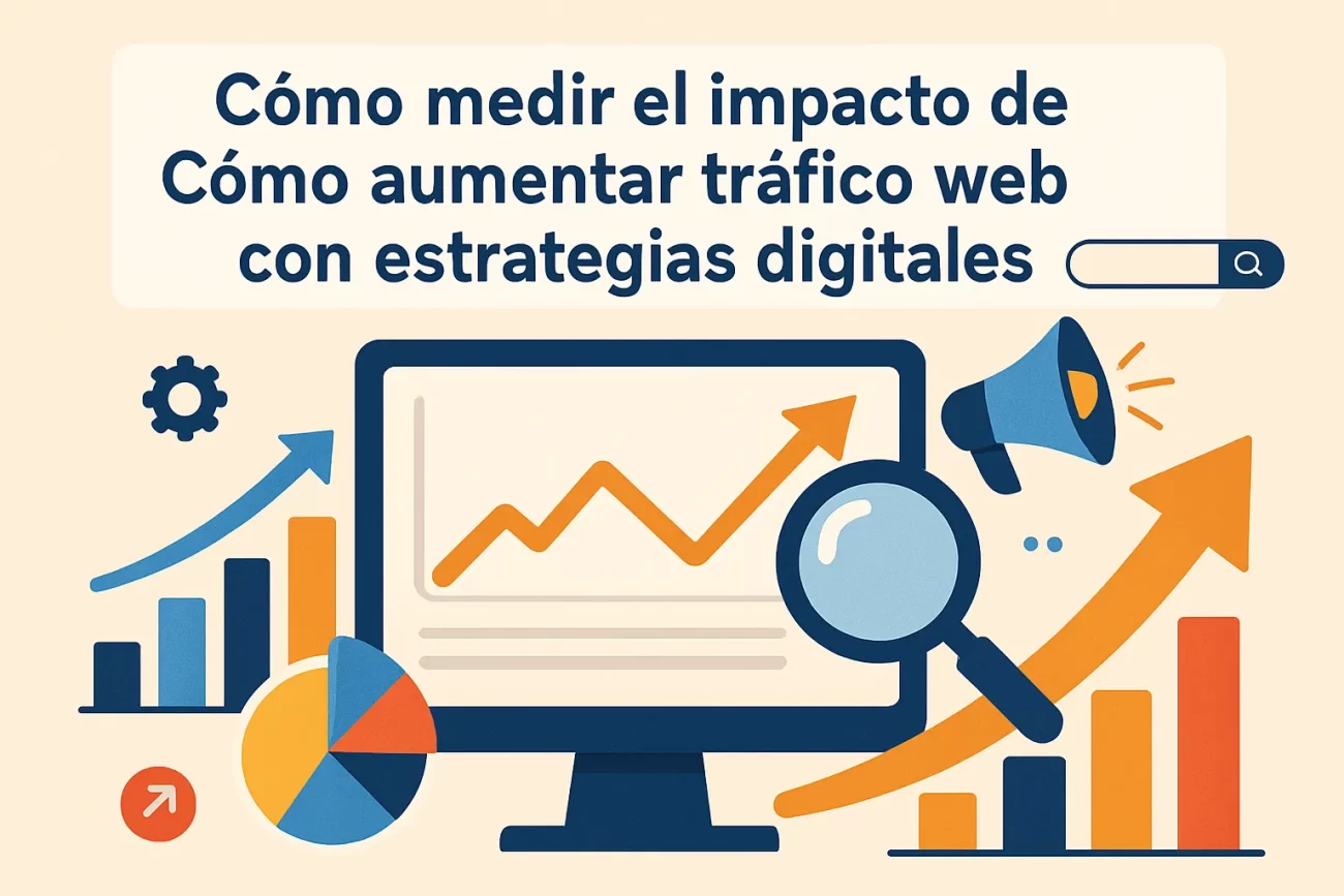 como-medir-el-impacto-de-Como-aumentar-trafico-web-con-estrategias-digitales | Hablemos de Marketing Ilustración con ordenador y gráficos de barras/líneas, lupa y megáfono, conectando al título en español sobre medir impacto y tráfico web.