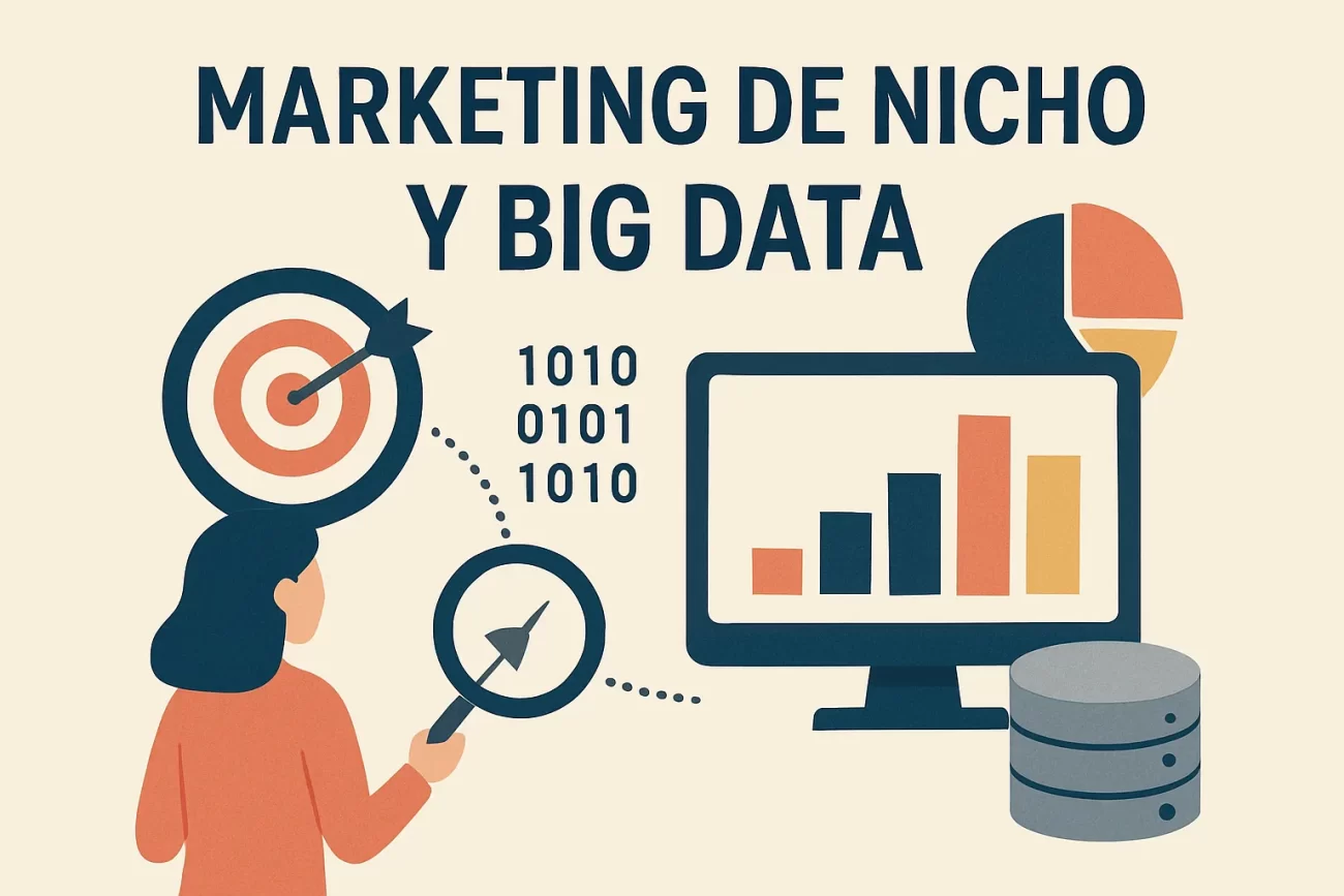 Marketing-de-nicho-big-data-y | Hablemos de Marketing Person using a magnifying glass to analyze data on a computer monitor showing bar charts, with a database icon nearby; theme: niche marketing and big data.